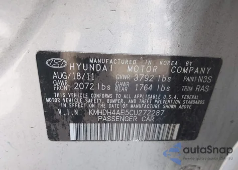 2012 Hyundai Elantra Gls (Ulsan Plant) from USA, damaged, VIN KMHDH4AE5CU272287